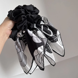 Elegant French style rose ribbon hair scrunchie in black and white satin finish