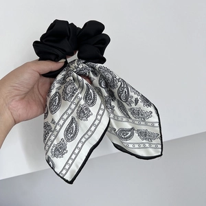 French style black satin scrunchie with black and white paisley print long ribbons