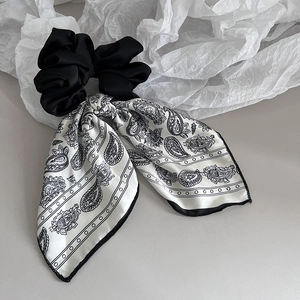 French style satin scrunchie with paisley print ribbon bow for elegant hair styling