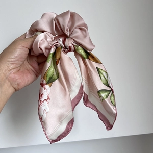 Pink vintage floral bow hair scrunchie with long ribbons in elegant satin fabric