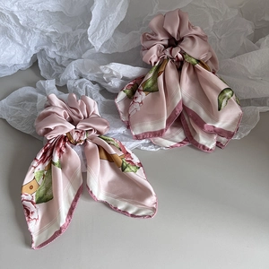 Pink satin hair scrunchies with vintage floral print ribbons for women's fashion styling