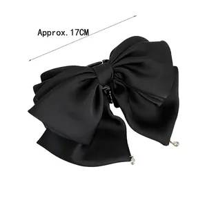 Elegant black satin bow hair claw clip with rhinestones, 17cm French style accessory