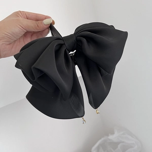 French Elegant Black Satin Bow Hair Claw Clip With Rhinestone Pendants Large Hair Accessories For Women Daily Party