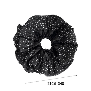 Large black scrunchie with white polka dots, 21cm oversized ruffled hair tie for women
