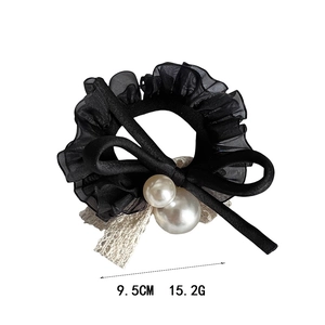 Chouchou élégant en maille dentelle noire avec double perles et nœud en soie femme