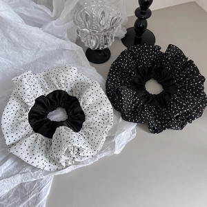 Set of premium polka dot oversized scrunchies in black and white chiffon fabric