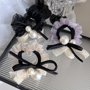 Chouchou en Dentelle et Maille Style Coréen Avec Künstliche Perles Artificielles et Nœud Élégant Élastique à Cheveux Français pour Femmes Filles