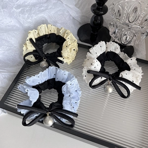 Sweet Polka Dot Bow Scrunchie With Faux Artificial Pearl Pendant Elegant Fabric Lace Hair Tie For Women Girls Hair Accessories