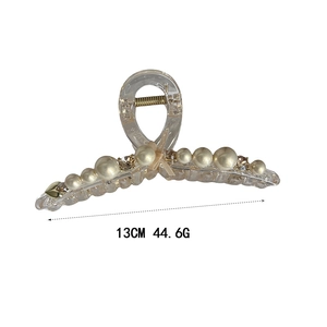 Elegant 13cm pearl hair claw clip with bow and rhinestone accents for thick hair