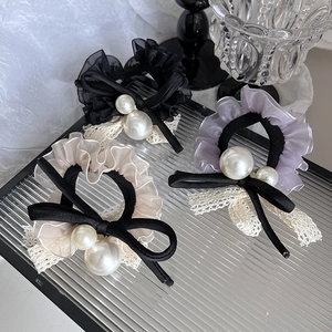 Lot de 3 chouchous coréens en organza avec rubans en dentelle et perles fantaisie
