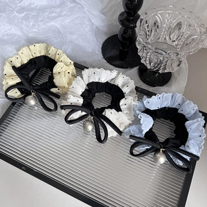 Sweet polka dot lace scrunchie set with bow and pearl charms for hair styling