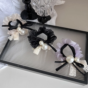 Lot de 3 chouchous en organza et dentelle avec perles et nœuds en crème noir et violet