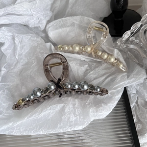 Elegant Acrylic Large Hair Claw Clip With Faux Artificial Pearls And Rhinestone Bow Decor Elegant Hair Styling Accessories For Women