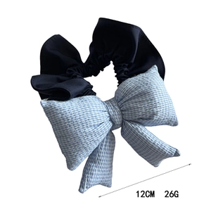 Blue checkered oversized bow hair scrunchie with 12cm diameter and ponytail elastic design