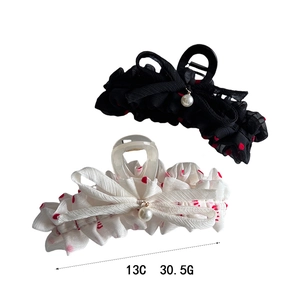 Polka dot chiffon bow hair claw clips in black and white with elegant pearl pendants