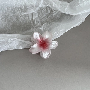 Vue détaillée d'une pince à cheveux frangipanier dégradé rose et blanc sur papier