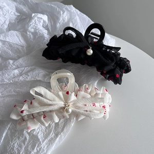 Elegant Chiffon Bowknot Polka Dot Hair Claw For Women Korean Ruffle Large Shark Clip Hair Accessories With Artificial Pearl Pendant