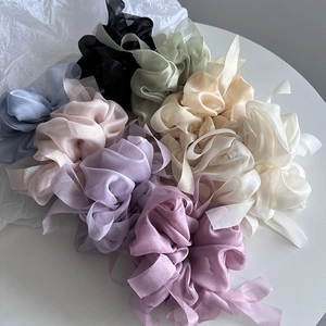 Elegant organza bow scrunchies set in various macaron colors with silky pearl finish