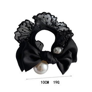 Elegant 10cm black pearl scrunchie with satin bow, lace edges and pearl accents