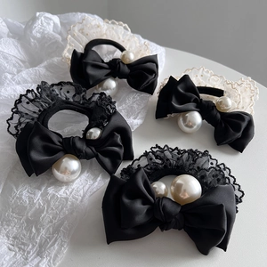Elegant Satin Bow Hair Tie With Faux Artificial Pearl Lace Polka Dot Mesh High Elasticity Hair Scrunchie Vintage Hair Accessories For Women