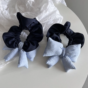 Navy blue and plaid checkered bow scrunchie set for women hair accessories