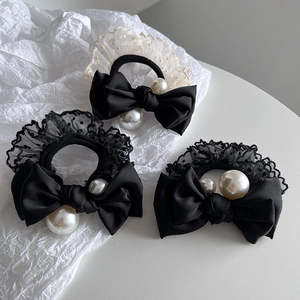 Elegant bow hair ties set with pearls and lace trim in vintage black satin style