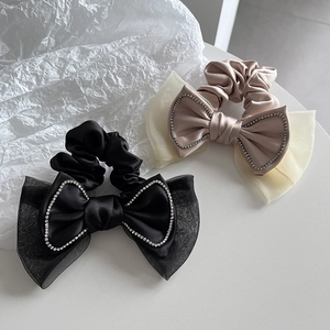 Chouchou Élégant en Satin et Organza Avec Nœud et Strass Grand Ruban Élastique Cheveux Accessoires de Mode pour Femmes