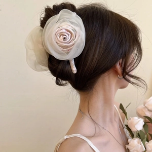 Pince à cheveux rose beige élégante pour femme, idéale pour coiffures de vacances