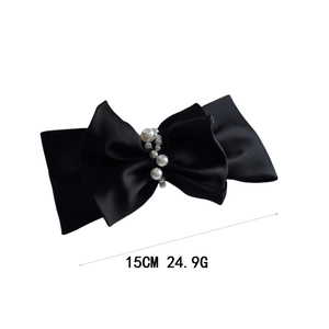 Elegant large black silk double bow hair clip with white pearls for women 15CM