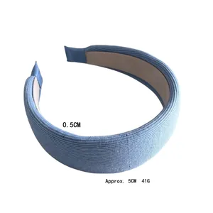 Sky blue ribbed knit wide headband for women featuring high top style and non-slip lining
