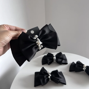 Elegant Black Satin Double Bow Hair Clip With Faux Artificial Pearls Vintage Large Spring Clip Hair Accessory For Women Party Wedding