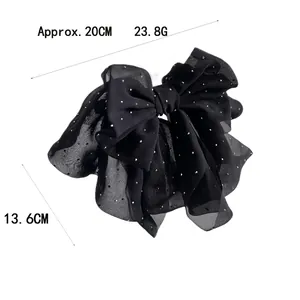Elegant black chiffon bow hair clip with sparkling rhinestones, 20cm x 13.6cm size