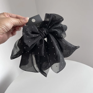 Elegant large black chiffon bow hair clip with sparkling silver rhinestones for women