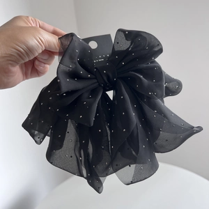 Elegant Large Black Chiffon Bow Hair Clip Rhinestone Embellished Oversized Spring Clip Hair Accessories For Women Party