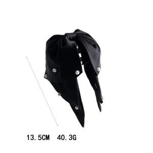 Elegant large black satin bow hair claw clip with white pearls and long ribbons
