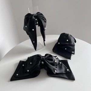 Elegant Black Satin Large Bow Hair Claw Clip With Imitation Artificial Pearl French Vintage Ribbon Hairpin Accessory For Women
