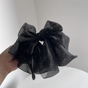 Elegant black chiffon bow hair clip with silver rhinestones and spring fastener