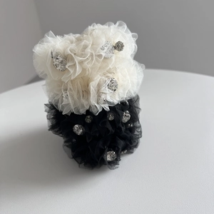 Elegant seersucker hair scrunchies with rhinestones in black and white set