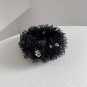 Sparkly seersucker hair tie with rhinestones in black mesh fabric for high elasticity