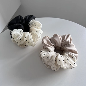 Elegant satin and polka dot organza hair scrunchies in black and champagne gold colors