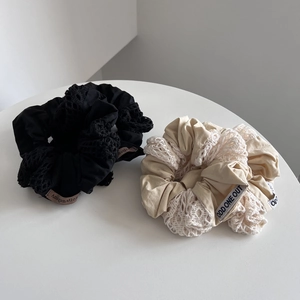 Handmade cotton embroidery hollow scrunchies in black and beige with logo tags