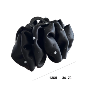 Elegant 13cm black satin cloud claw clip with hand-sewn pearls and sparkly black rhinestones