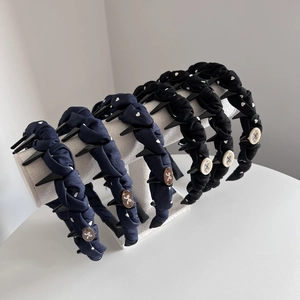 Serre-tête Tissé en Tissu Imprimé Cœur Style Coréen pour Femmes Bandeau Antidérapant Avec Dents Bleu Marine Noir Accessoire de Mode Cheveux