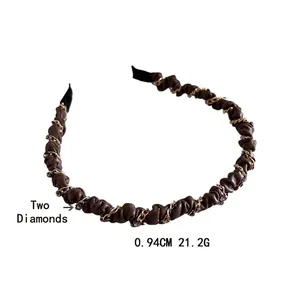 Deep brown leather headband with gold chain and crystals, 0.94cm wide non-slip hair accessory