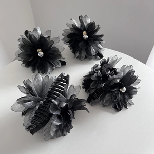 Elegant large gray-black organza flower hair claw clips set with pearl center