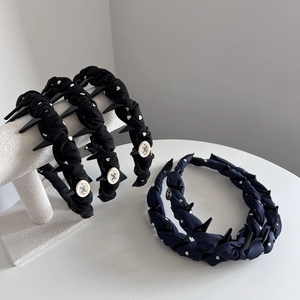 Serre-tête tressé bleu marine et noir style coréen avec nœud de cœur et dents antidérapantes