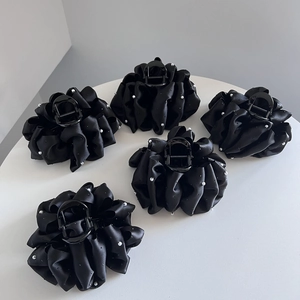 Elegant 5-piece set of black satin puff hair claws with hand-stitched white pearls