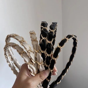 French Vintage Satin Braided Headband Gold Metal Chain Weave Hairband Elegant Fabric Hair Accessories For Women Daily Party