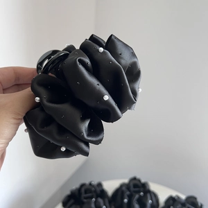 Elegant black satin cloud hair claw clip with hand-sewn pearls and sparkling rhinestones