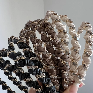 Premium leather headband with gold chain and crystals in black brown and cream